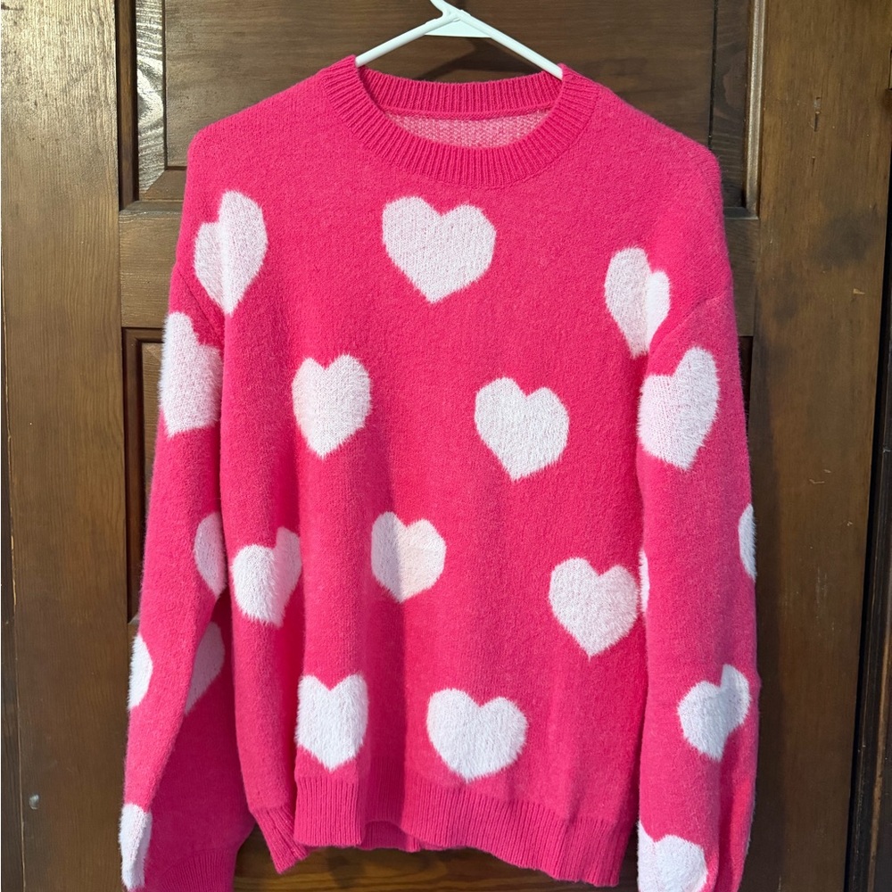 Pink Heart Sweater Fuzzy Knit Valentine Cozy Size Large